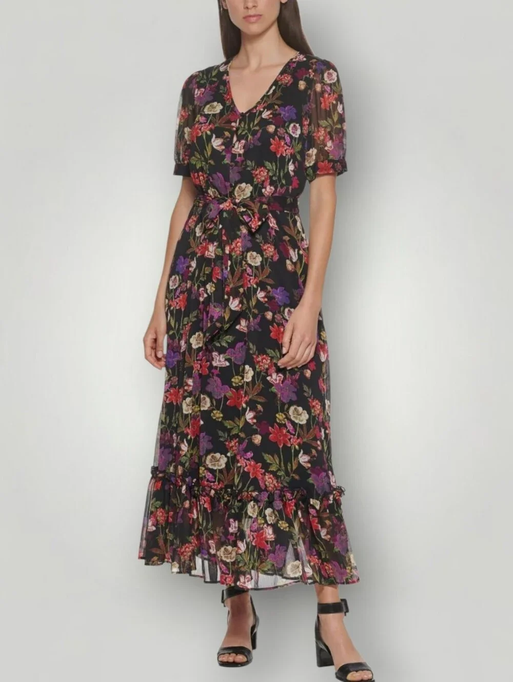 Calvin Klein 4 Black Floral Chiffon‎ Maxi Dress Short Sleeve V-Neck Ruffle Hem